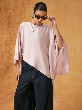 Satin Boat Neck Bell Sleeve Asymmetrical Blouse