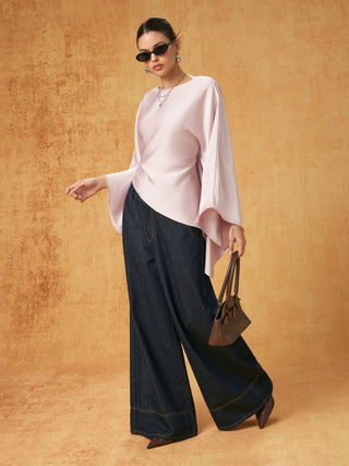 Satin Boat Neck Bell Sleeve Asymmetrical Blouse