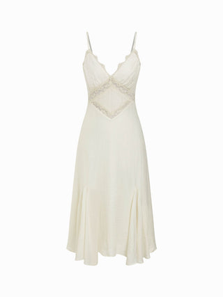 V-neck Lace Panel A-line Cami Midi Dress