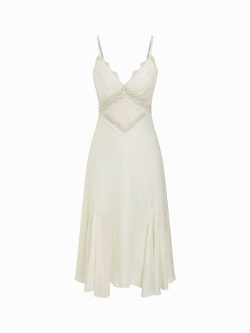 V-neck Lace Panel A-line Cami Midi Dress