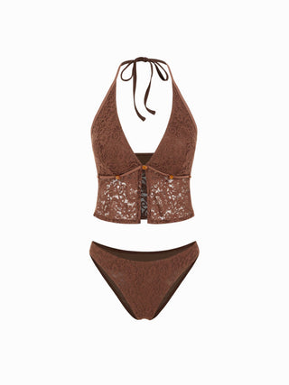 Lace Halter Neckline Floral Cheeky Bikini Set With Beaded Detail