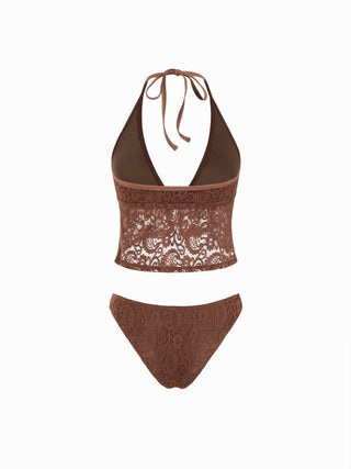 Lace Halter Neckline Floral Cheeky Bikini Set With Beaded Detail