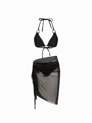 Halter Neckline Solid Ring Linked Triangle Bikinis 3 Piece Bikini Sets