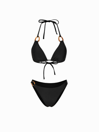 Halter Neckline Solid Ring Linked Triangle Bikinis 3 Piece Bikini Sets