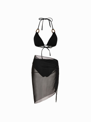 Halter Neckline Solid Ring Linked Triangle Bikinis 3 Piece Bikini Sets