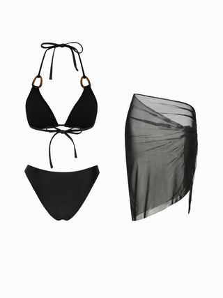 Halter Neckline Solid Ring Linked Triangle Bikinis 3 Piece Bikini Sets