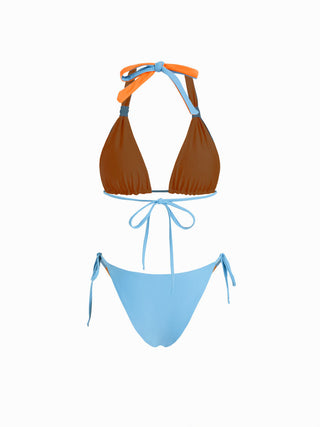 Colorblock Reversible Halter Neck Ruched Tie Side Triangle Bikini Set