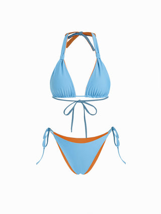 Colorblock Reversible Halter Neck Ruched Tie Side Triangle Bikini Set