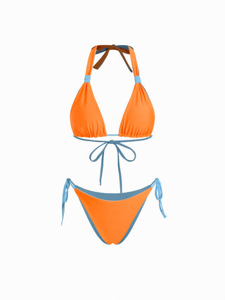 Colorblock Reversible Halter Neck Ruched Tie Side Triangle Bikini Set