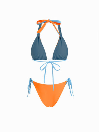 Colorblock Reversible Halter Neck Ruched Tie Side Triangle Bikini Set