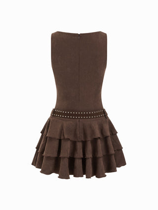 Round Neckline Layered Hem Mini Dress With Studded Belt