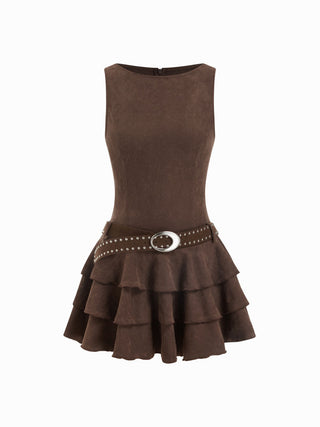 Round Neckline Layered Hem Mini Dress With Studded Belt
