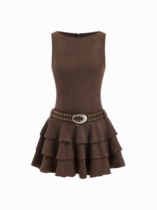 Round Neckline Layered Hem Mini Dress With Studded Belt