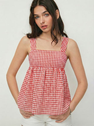 Woven Cotton-blend Gingham Square Neck Bowknot A-line Cami Top For Daily Casual Picnic