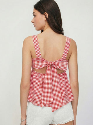 Woven Cotton-blend Gingham Square Neck Bowknot A-line Cami Top For Daily Casual Picnic