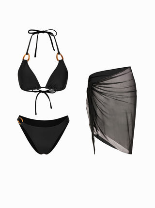 Halter Neckline Solid Ring Linked Triangle Bikinis 3 Piece Bikini Sets