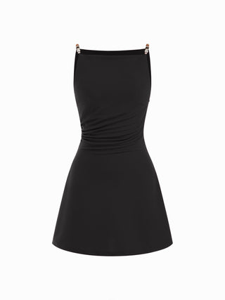 Square Neck Beaded Ruched A-line Cami Mini Dress