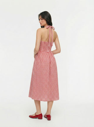 Cotton-blend Sculptural Gingham Halter Neckline Shirred A-line Maxi Dress