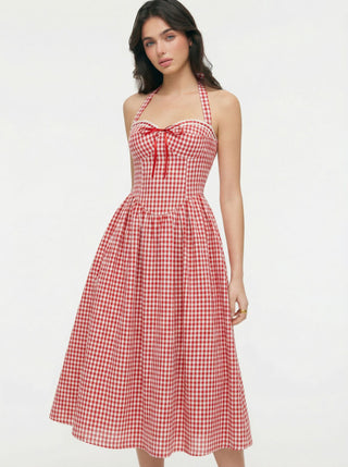 Cotton-blend Sculptural Gingham Halter Neckline Shirred A-line Maxi Dress