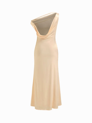 Satin Asymmetrical Neck Backless Maxi Dress
