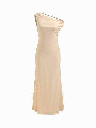 Satin Asymmetrical Neck Backless Maxi Dress