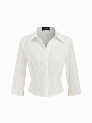 Cotton Textured Shirred Waist Short Sleeve Blouse