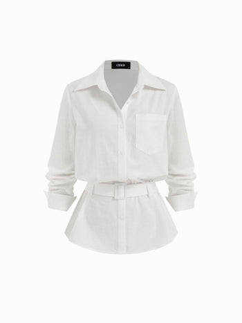 Linen-blend Longline Long Sleeve Shirt with Belt