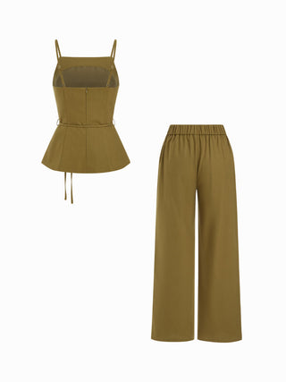 Linen-blend Tie Waist Cami Top & Mid Rise Straight Leg Trousers Set