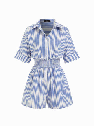 Cotton-Blend Striped Collar Shirred Waist Romper