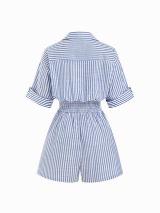 Cotton-Blend Striped Collar Shirred Waist Romper