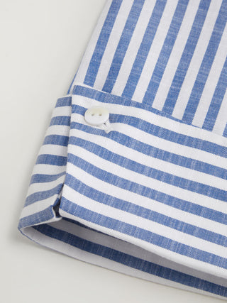 Cotton-Blend Striped Collar Shirred Waist Romper