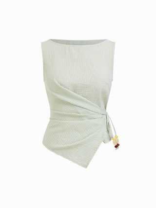 Woven Cotton-blend Boat Neck Wrap Top & Mid Rise Wide Leg Trousers Set For Daily Casual Coffee Shop