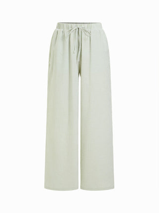 Woven Cotton-blend Boat Neck Wrap Top & Mid Rise Wide Leg Trousers Set For Daily Casual Coffee Shop