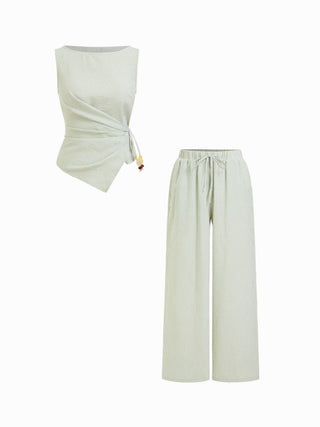Woven Cotton-blend Boat Neck Wrap Top & Mid Rise Wide Leg Trousers Set For Daily Casual Coffee Shop