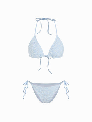 Cotton-blend Geometric Floral Lace Halter Neck Triangle Bikini Set