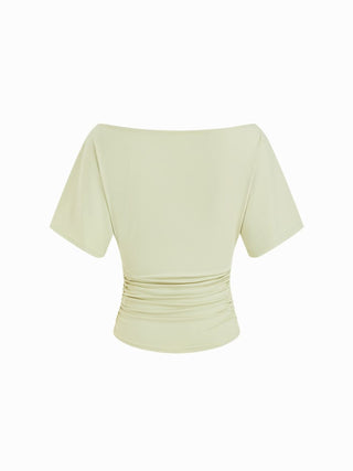 Knit Fabric Asymmetrical Neck Embroidery Ruched Tee For Daily Casual Vacation