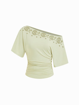Knit Fabric Asymmetrical Neck Embroidery Ruched Tee For Daily Casual Vacation