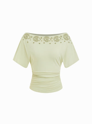 Knit Fabric Asymmetrical Neck Embroidery Ruched Tee For Daily Casual Vacation