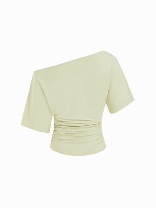 Knit Fabric Asymmetrical Neck Embroidery Ruched Tee For Daily Casual Vacation