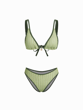 Textured V-neck Triangle Bikini Set With Shell Charm