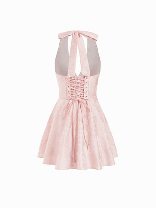 Jacquard Sculptural Halter V-neck Lace Up Backless Ruffle Mini Dress