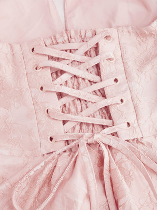 Jacquard Sculptural Halter V-neck Lace Up Backless Ruffle Mini Dress