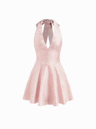 Jacquard Sculptural Halter V-neck Lace Up Backless Ruffle Mini Dress
