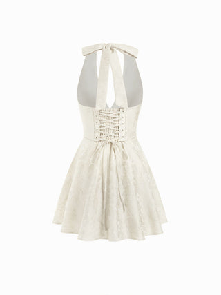 Jacquard Sculptural Halter V-neck Lace Up Backless Ruffle Mini Dress