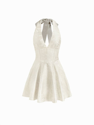 Jacquard Sculptural Halter V-neck Lace Up Backless Ruffle Mini Dress