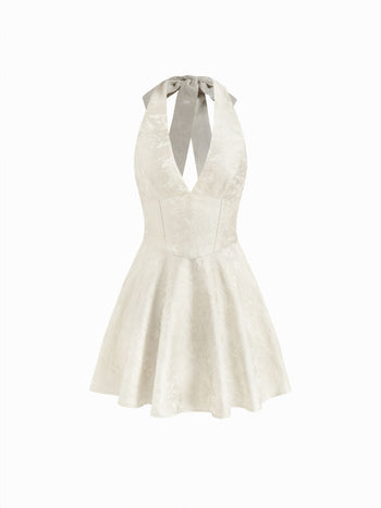 Jacquard Sculptural Halter V-neck Lace Up Backless Ruffle Mini Dress