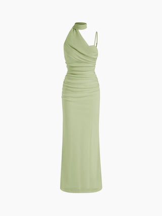 Mesh Halter Neckline Ruched Maxi Dress With Scarf