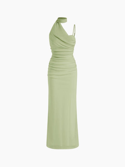 Mesh Halter Neckline Ruched Maxi Dress With Scarf