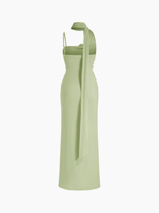 Mesh Halter Neckline Ruched Maxi Dress With Scarf