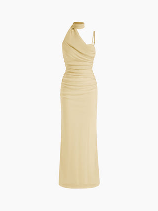 Mesh Halter Neckline Ruched Maxi Dress With Scarf